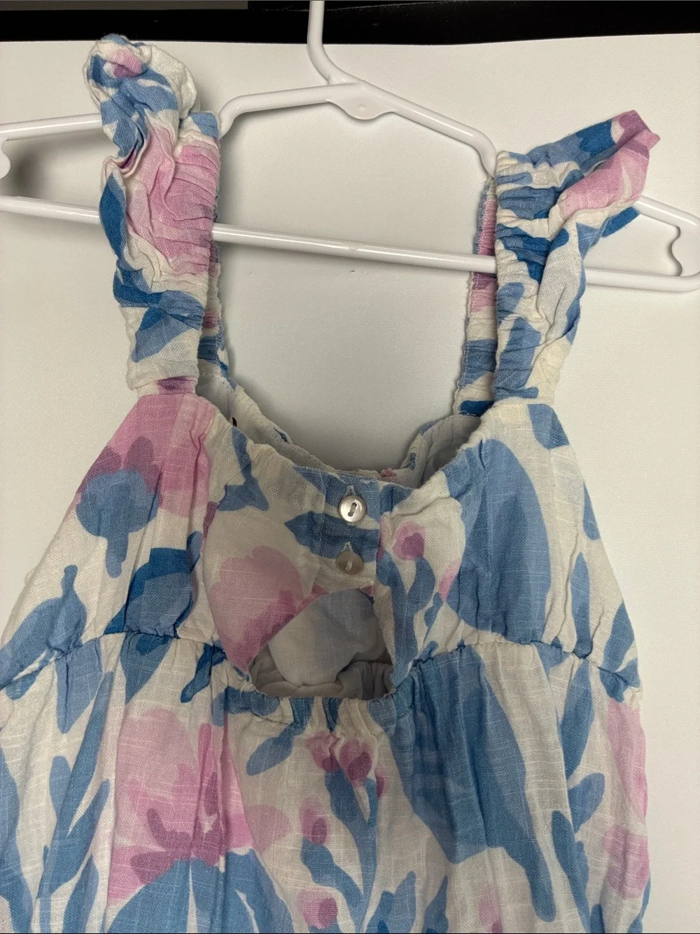 Sfera Girls' Ruffled Strap Floral Sundress in White, Blue & Pink